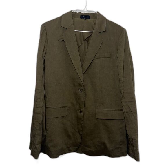 Theory Wylia Crunch Wash Linen Blend Blazer - Olive Green 4 - Picture 1 of 7